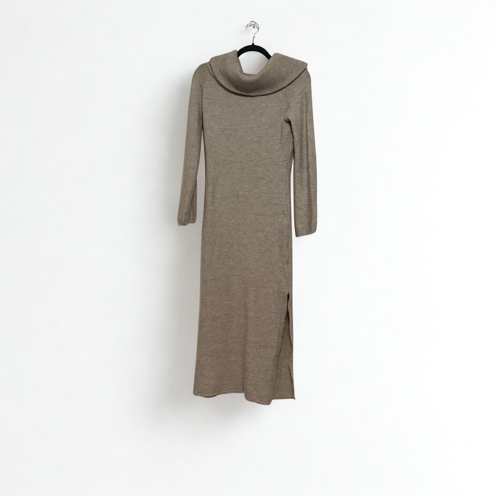 H&M Womens Cowl Neck Sweater Dress Taupe Brown Knit Long Sleeve Midi Small